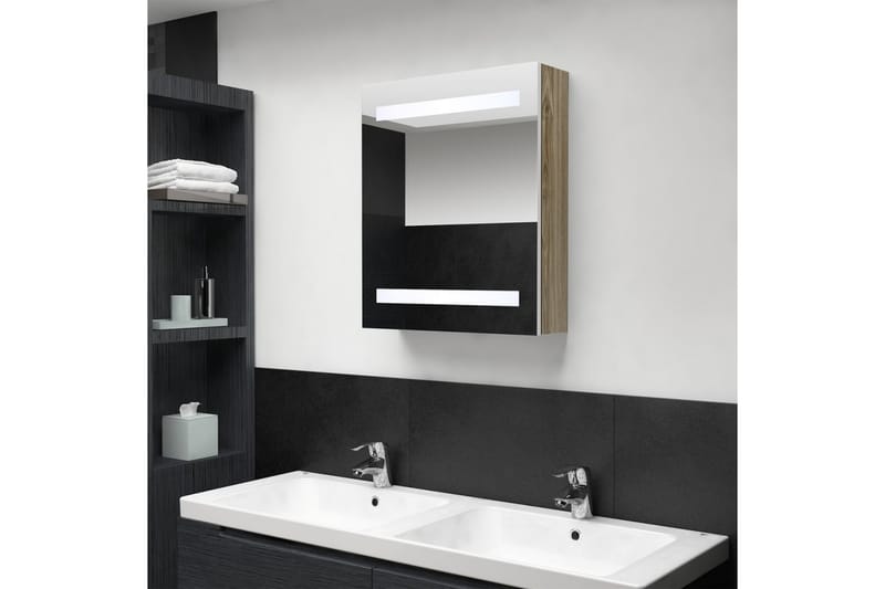 LED-speilskap til bad hvit og eik 50x14x60 cm - Brun - Speil - Baderomsspeil