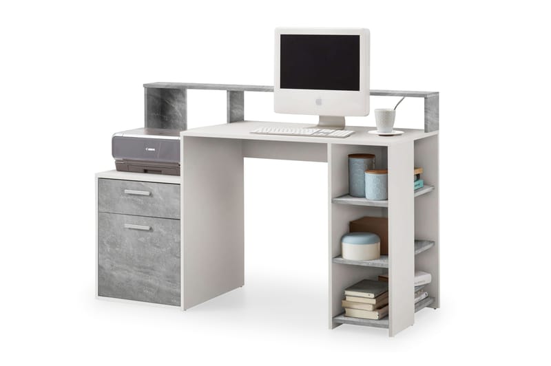 Skrivebord Nataniela 139 cm med Oppbevaring - Betonggrå/Hvit - Skrivebord - Databord & PC bord
