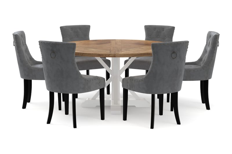 Spisebord Yorkshire 150 cm Rundt med 6 Kjøkkenstoler Ophelia - Natur/Hvit - Spisegruppe