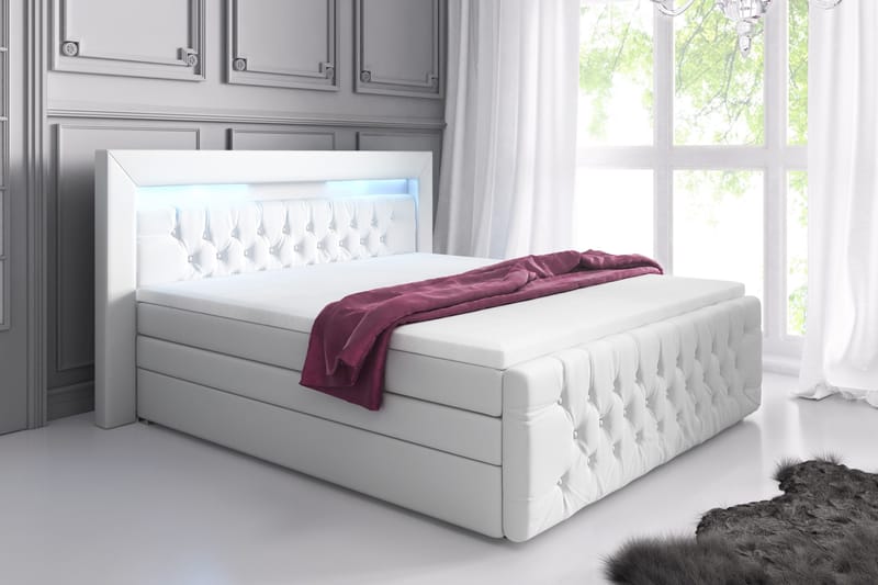 Sengepakke Celio Lyx 140x200 LED-belysning - Hvit|Kunstlær - Senger med oppbevaring - Komplett sengepakke