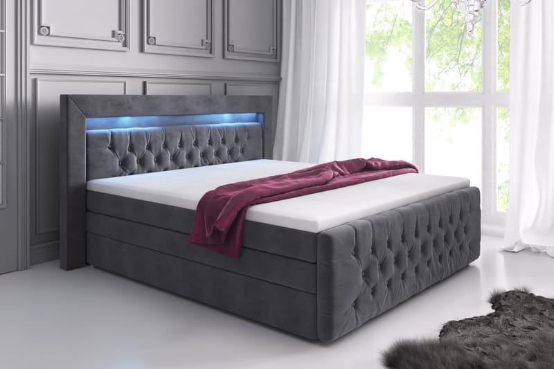 Sengepakke Celio Lyx 180x200 LED-belysning - Grå|Fløyel - Senger med oppbevaring - Komplett sengepakke