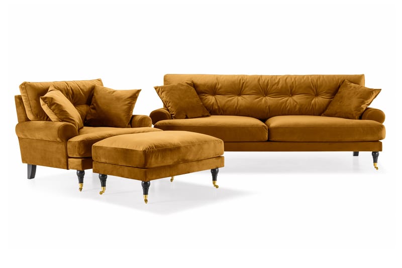 Sofagruppe Webber 3-seter+Lenestol+Fotskammel Fløyel - Amber|Messing - Howard sofagruppe - Sofagrupper