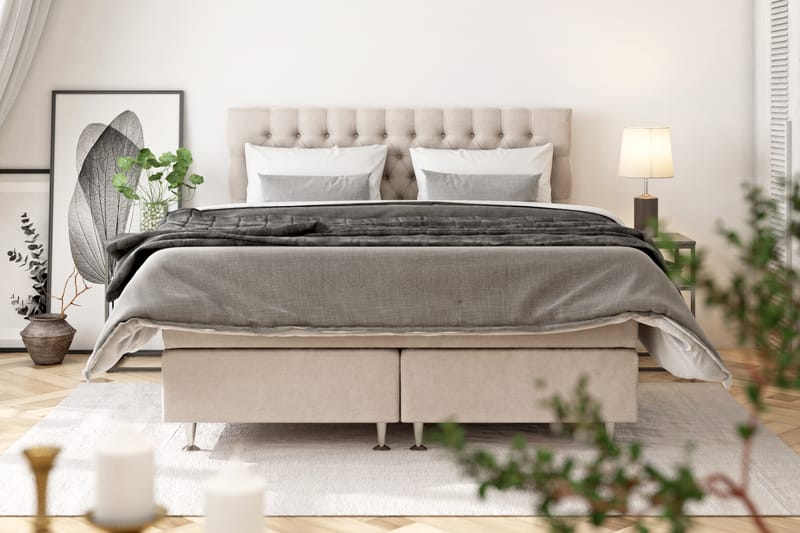 Komplett Sengepakke Estelle 160x200 cm - Beige/Fløyel - Kontinentalsenger - Dobbeltsenger - Komplett sengepakke