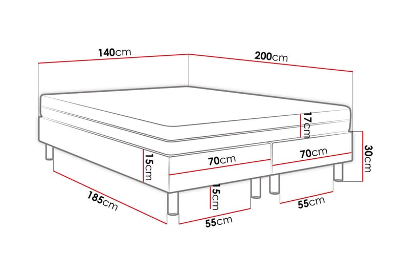 Kontinentalseng Forenza 140x200 cm+Panel 30 cm - Grå - Komplett sengepakke