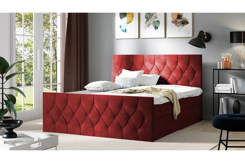 Kontinentalseng 207x216 cm - Rød - Senger med oppbevaring - Komplett sengepakke