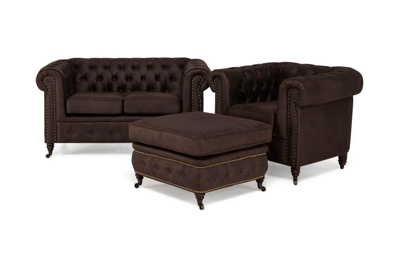 Sofagruppe Chester Deluxe 2-seter+Lenestol+Fotskammel - Mørkbrun - Howard sofagruppe - Sofagrupper