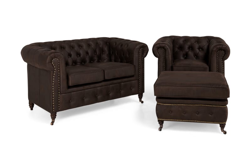 Sofagruppe Chester Deluxe 2-seter+Lenestol+Fotskammel - Mørkbrun - Howard sofagruppe - Sofagrupper