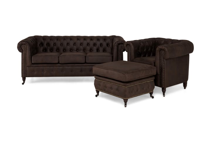 Sofagruppe Chester Deluxe 3-seter+Lenestol+Fotskammel - Mørkbrun - Howard sofagruppe - Sofagrupper