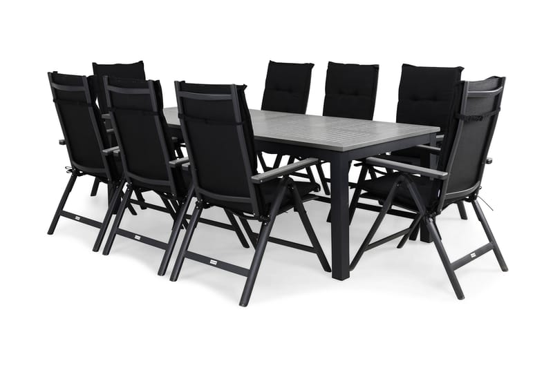 Spisegruppe Monaco 220-280x100 + 8 Monaco Light Stol m Pute - Svart|Grå - Spisegrupper hage