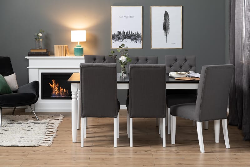 Spisegruppe Hampton 190 cm Mahognifiner Hvit/Svart/Mørkgrå - 6 Emmie Stoler - Spisegruppe