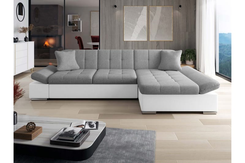 Djerra Sovesofa med Sjeselong 3-seter i Kunstlær - Hvit / Grå - Møbler - Sofaer - Skinnsofaer