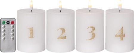 Flamme Advent LED-kubbelys 4-pakning 7,5 cm - hvit med gullsifre - Belysning - Dekorasjonsbelysning - Dekorativ innendørsbelysning - Batteridrevne lys