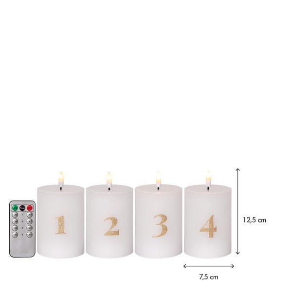 Flamme Advent LED-kubbelys 4-pakning 7,5 cm - hvit med gullsifre - Belysning - Dekorasjonsbelysning - Dekorativ innendørsbelysning - Batteridrevne lys