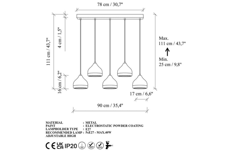 Taklampe Soodni Fem Horisontal Svart - Svart - Belysning - Innendørsbelysning & Lamper - Taklampe - Kjøkkenlampe & taklampe kjøkken