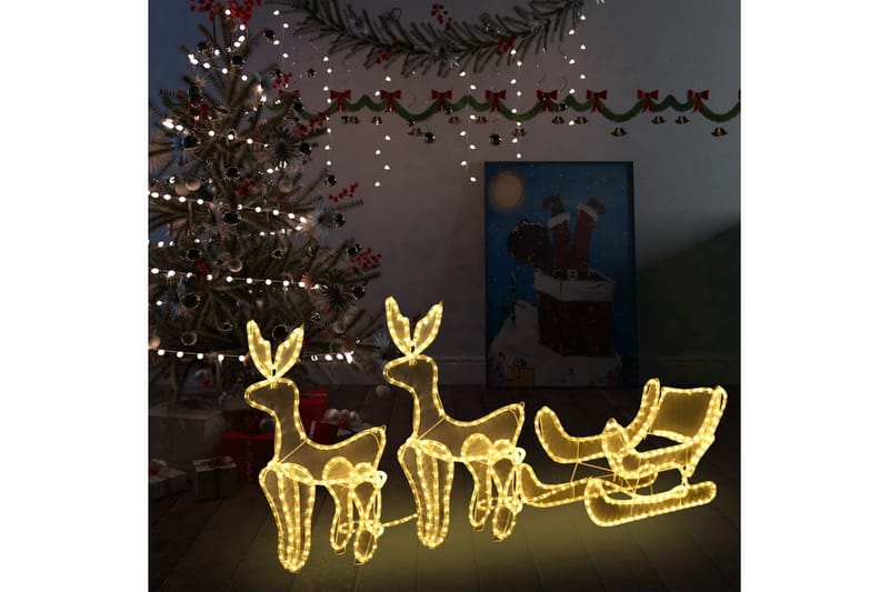 Julelysdekorasjon 2 reinsdyr og slede, netting 320 lysdioder - Julebelysning utendørs