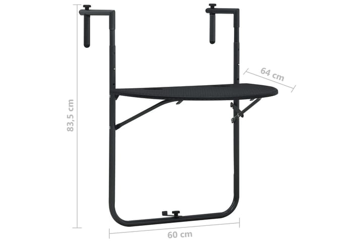 Hengende balkongbord svart 60x64x83,5cm plast rottingutseend - Balkongbord