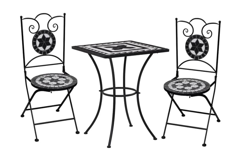Mosaikkbistrosett med keramikkfliser 3 deler svart og hvit - Cafébord