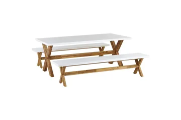 Matsalsset Beliani Olbia med bänkar 6-Sits White||Light wood - Hagemøbler & utemiljø - Hagegruppe - Spisegrupper hage