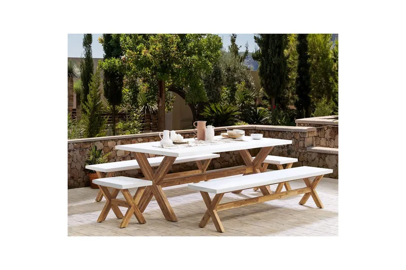Matsalsset Beliani Olbia med bänkar 8-Sits White||Light wood - Hagemøbler & utemiljø - Hagegruppe - Spisegrupper hage