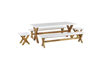 Matsalsset Beliani Olbia med bänkar 8-Sits White||Light wood - Hagemøbler & utemiljø - Hagegruppe - Spisegrupper hage