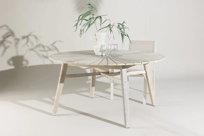 Rives rundt spisebord 150 cm utendørs, Hvitkalket