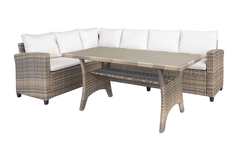 James Light Stor L-formet Vendbar Loungegruppe for Utendørs i Kunstrotting med Oppbevaring og Hvite Puter, Natur