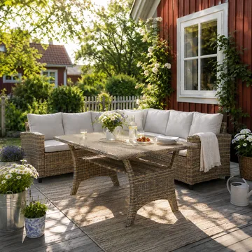 James Light Stor L-formet Vendbar Loungegruppe for Utendørs i Kunstrotting med Oppbevaring og Hvite Puter - Natur - Hagemøbler & utemiljø - Loungemøbler - Loungegrupper