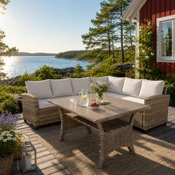 James Light Stor L-formet Vendbar Loungegruppe for Utendørs i Kunstrotting med Oppbevaring og Hvite Puter - Natur - Hagemøbler & utemiljø - Loungemøbler - Loungegrupper
