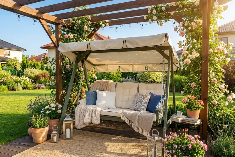 Landet Hammock Gyngesofa med tak i akasie tre inkludert puter 195x125x159 - Mørkegrønn - Hagemøbler & utemiljø - Utesofa - Hammock