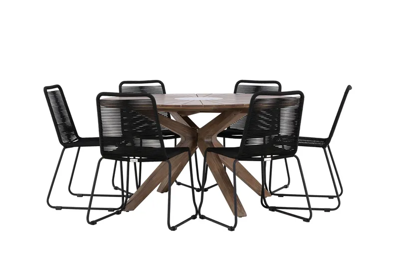 Rosario Spisegruppe Rund 140 cm + 6 stk Linero Spisestoler Svart/Brun - Hagemøbler & utemiljø - Hagegruppe - Spisegrupper hage