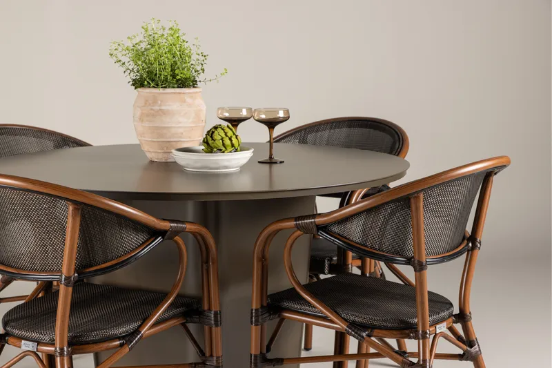 Santa Fe Spisegruppe Rund 120 cm + 4 stk Vila Spisestoler Svart/Brun - Hagemøbler & utemiljø - Hagegruppe - Spisegrupper hage