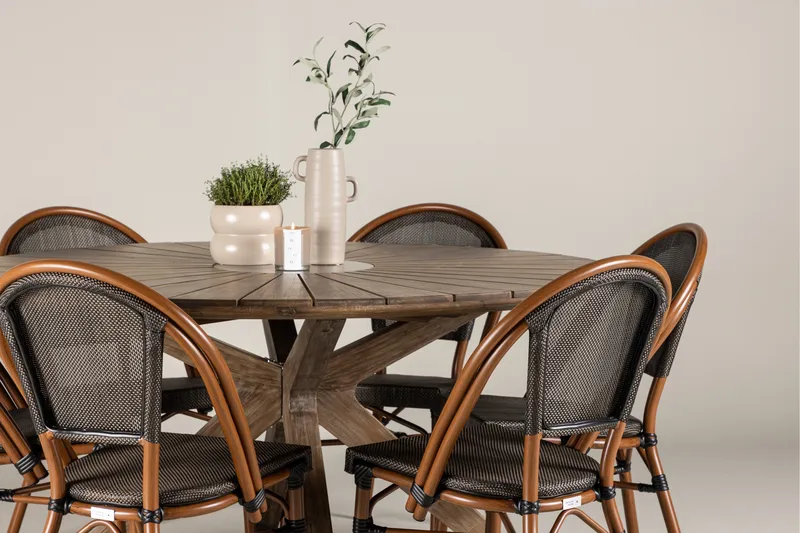 Rosario Spisegruppe Rund 140 cm + 6 stk Guarda Spisestoler Svart/Brun - Hagemøbler & utemiljø - Hagegruppe - Spisegrupper hage