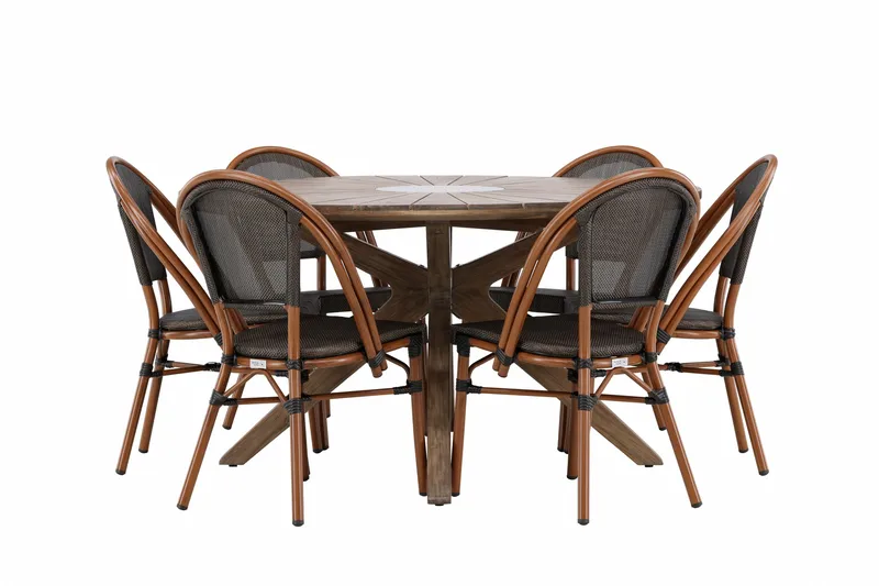 Rosario Spisegruppe Rund 140 cm + 6 stk Guarda Spisestoler Svart/Brun