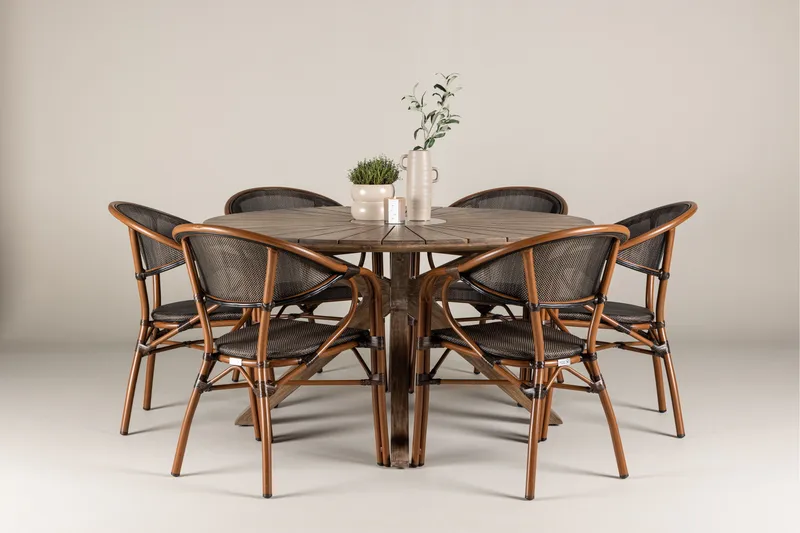 Rosario Spisegruppe Rund 140 cm + 6 stk Vila Spisestoler Svart/Brun - Hagemøbler & utemiljø - Hagegruppe - Spisegrupper hage