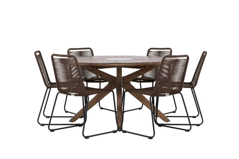Rosario Spisegruppe Rund 140 cm + 6 stk Lindos Spisestoler Brun