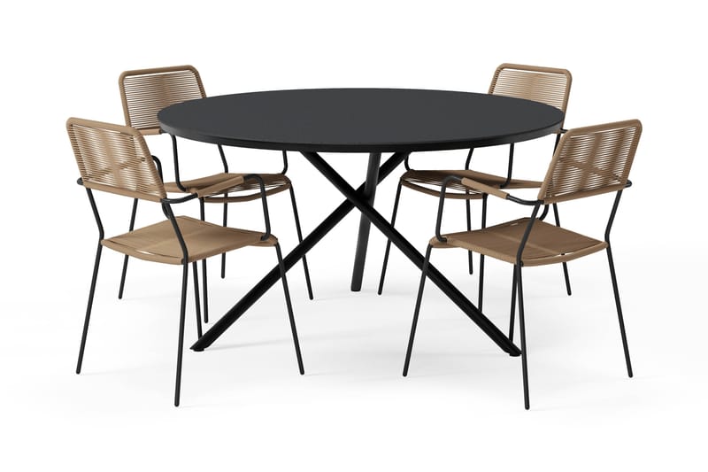 Alex Rundt Spisebord 140 cm med 4 Lindos Spisestoler - Svart - Hagemøbler & utemiljø - Hagegruppe - Spisegrupper hage