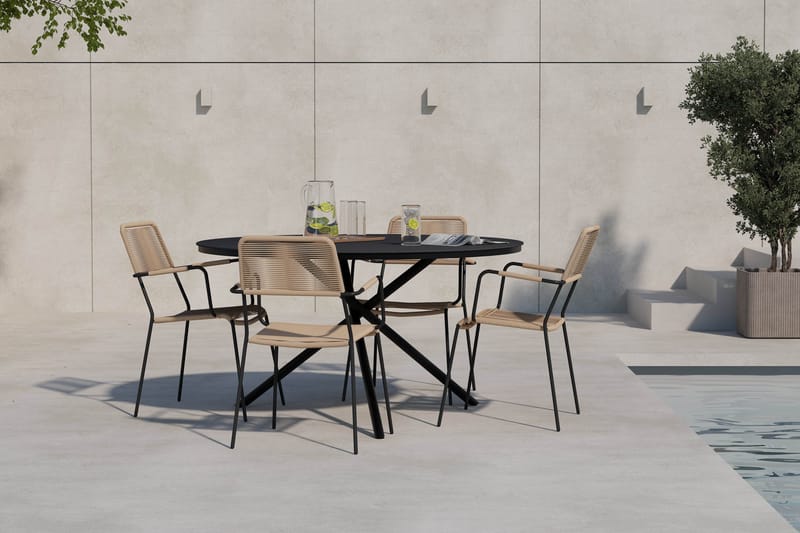 Alex Rundt Spisebord 140 cm med 4 Lindos Spisestoler - Svart - Hagemøbler & utemiljø - Hagegruppe - Spisegrupper hage