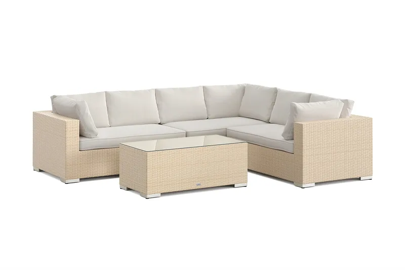 Bahamas L-formet utesofa høyre, 6-seters med bord, Beige
