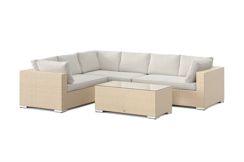 Bahamas L-formet utesofa høyre, 6-seters med bord, Beige