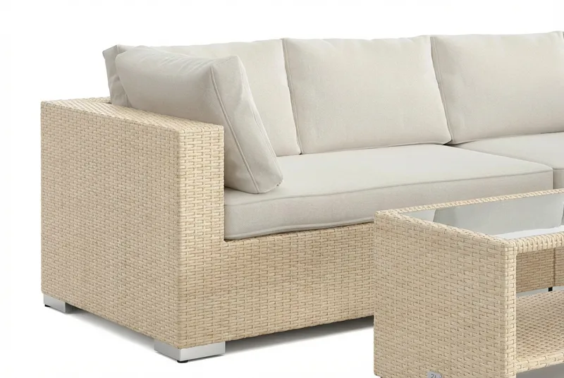 Bahamas L-formet utesofa høyre, 6-seters med bord og hylle - Beige - Hagemøbler & utemiljø - Loungemøbler - Loungegrupper