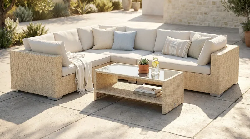 Bahamas L-formet utesofa høyre, 6-seters med bord og hylle - Beige - Hagemøbler & utemiljø - Loungemøbler - Loungegrupper