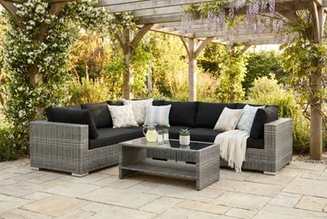 Bahamas L-formet utesofa høyre, 6-seters med bord og hylle - Grå - Hagemøbler & utemiljø - Loungemøbler - Loungegrupper