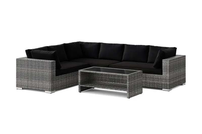 Bahamas L-formet utesofa høyre, 6-seters med bord og hylle, Grå