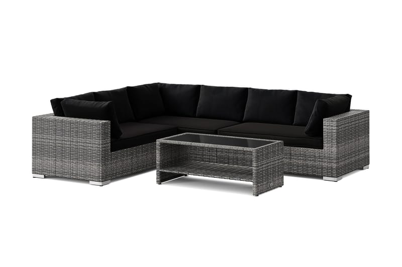 Bahamas L-formet utesofa høyre, 6-seters med bord og hylle, Grå