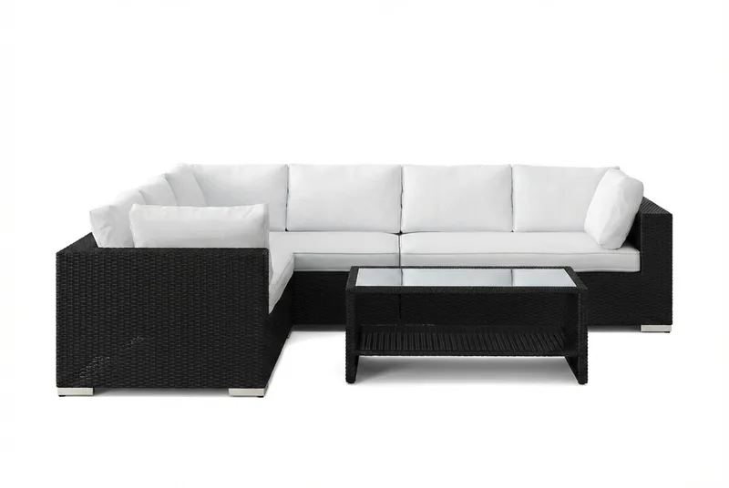 Bahamas L-formet utesofa høyre, 6-seters med bord og hylle - Svart - Hagemøbler & utemiljø - Loungemøbler - Loungegrupper