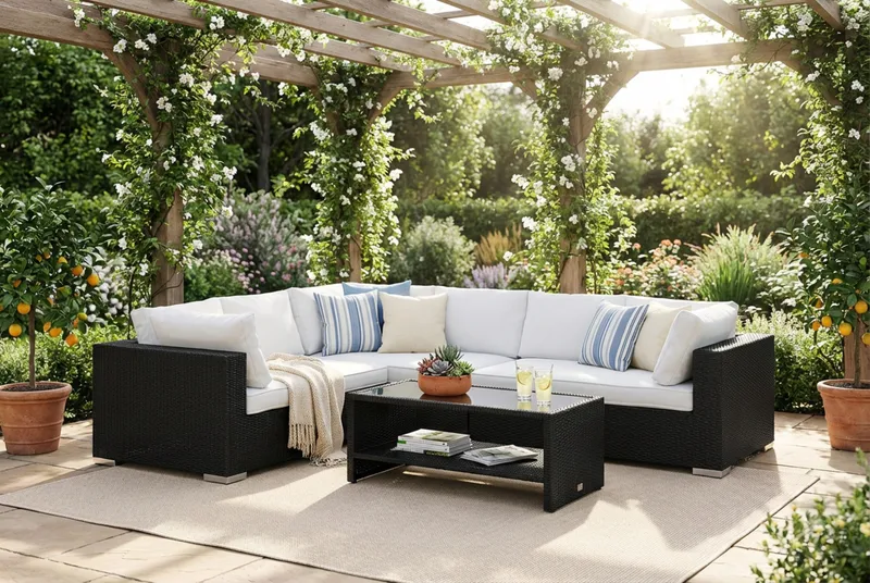 Bahamas L-formet utesofa høyre, 6-seters med bord og hylle - Svart - Hagemøbler & utemiljø - Loungemøbler - Loungegrupper