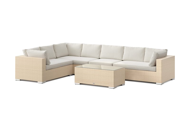 Bahamas L-formet utesofa høyre, 7-seters med bord, Beige