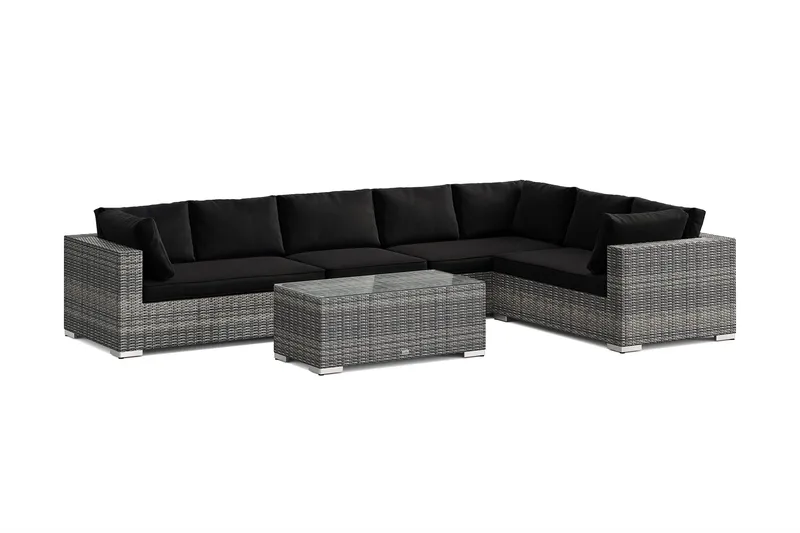 Bahamas L-formet utesofa høyre, 7-seters med bord, Grå