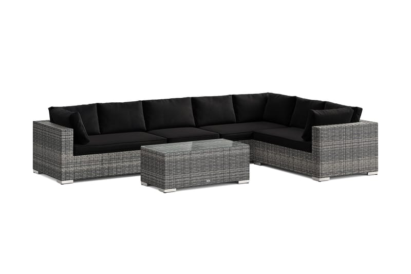 Bahamas L-formet utesofa høyre, 7-seters med bord, Grå