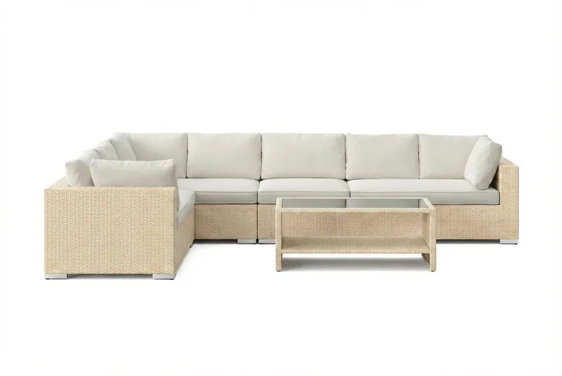 Bahamas L-formet utesofa høyre, 7-seters med bord og hylle - Beige - Hagemøbler & utemiljø - Loungemøbler - Loungegrupper